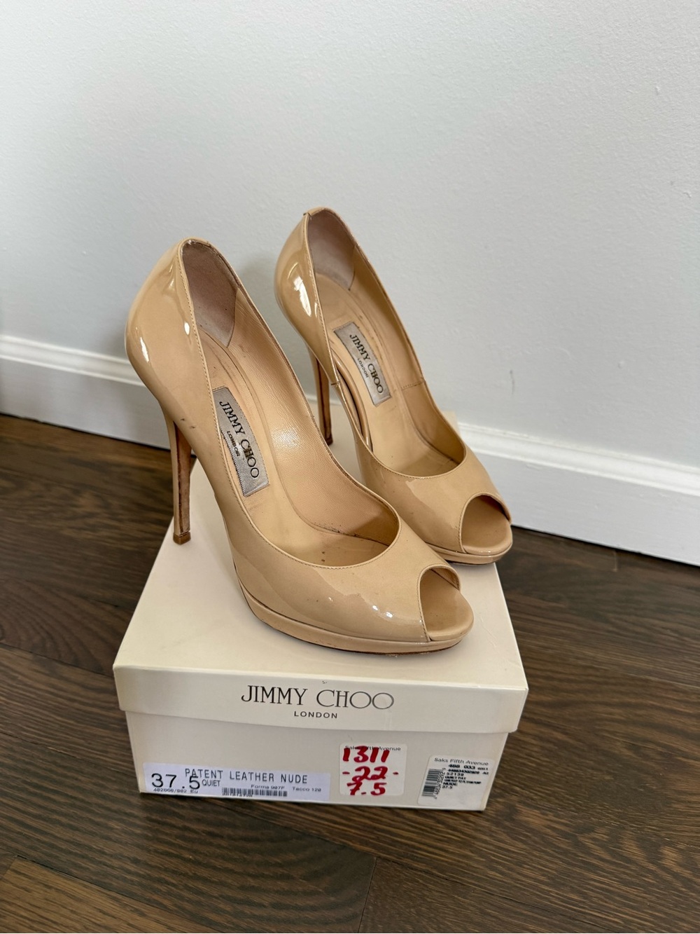 Jimmy Choo Nude Patent Leather Peep-Toe Pumps